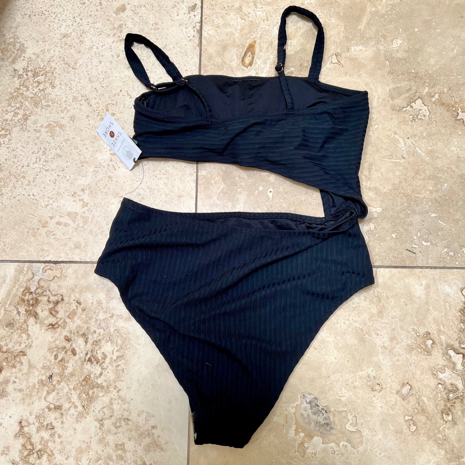 Shade & Shore Black Ribbed Cutout One Piece French Bikini Swimsuit Medium Nwt — image 6 of 6